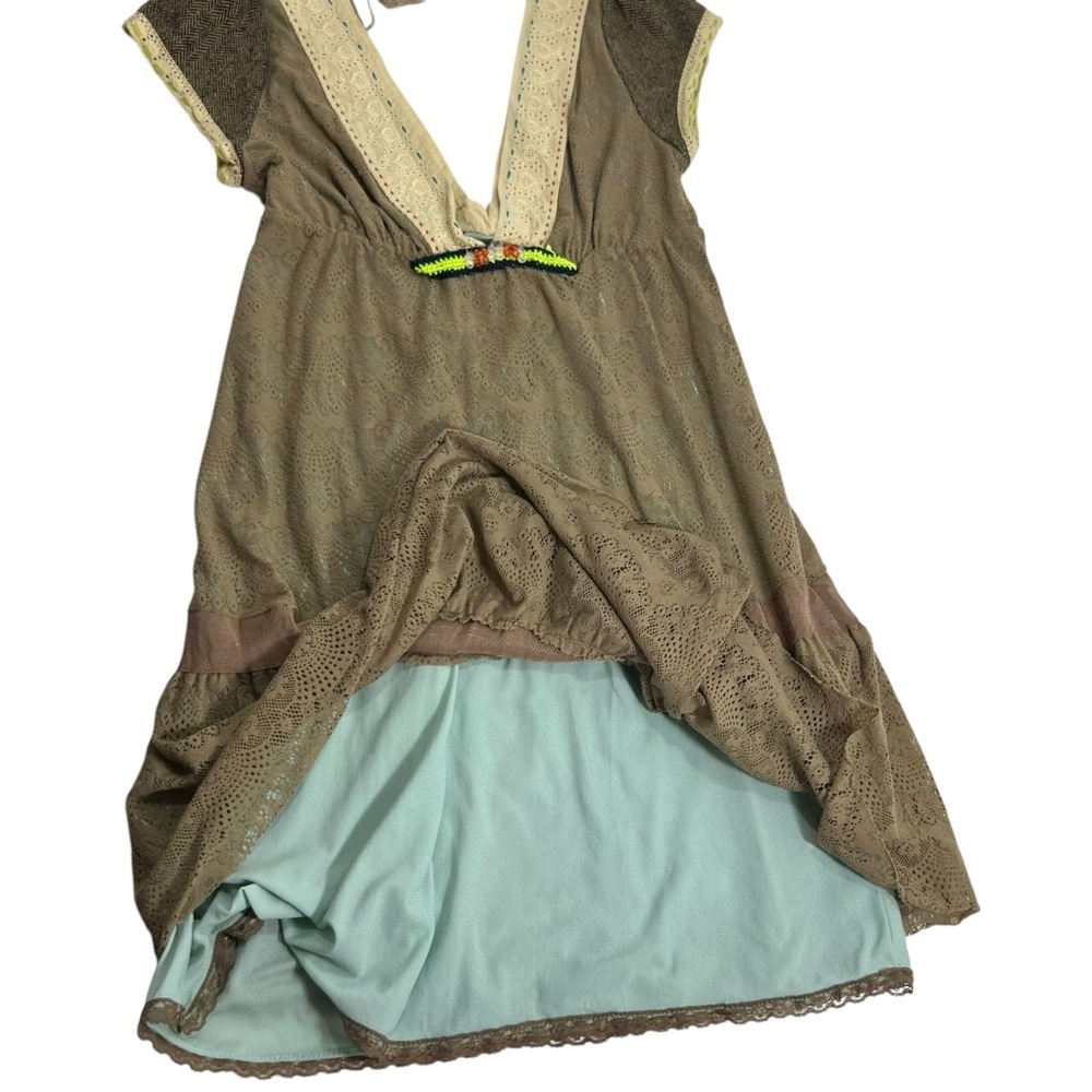 Free People Vintage Brown Lace Deep V Neckline Mini Dress - Picture 6 of 13